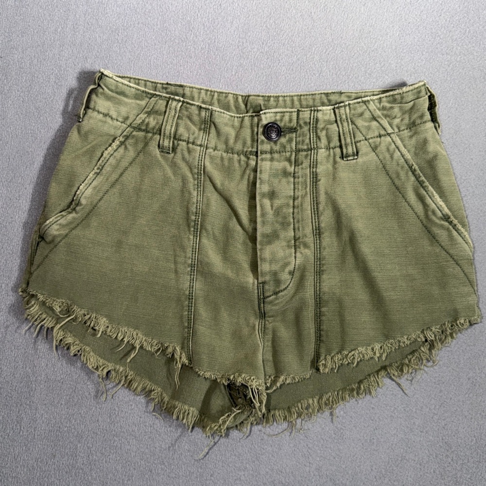 Free People S(2) Olive Green Distressed Frayed Hem Utility Cargo Shorts Military